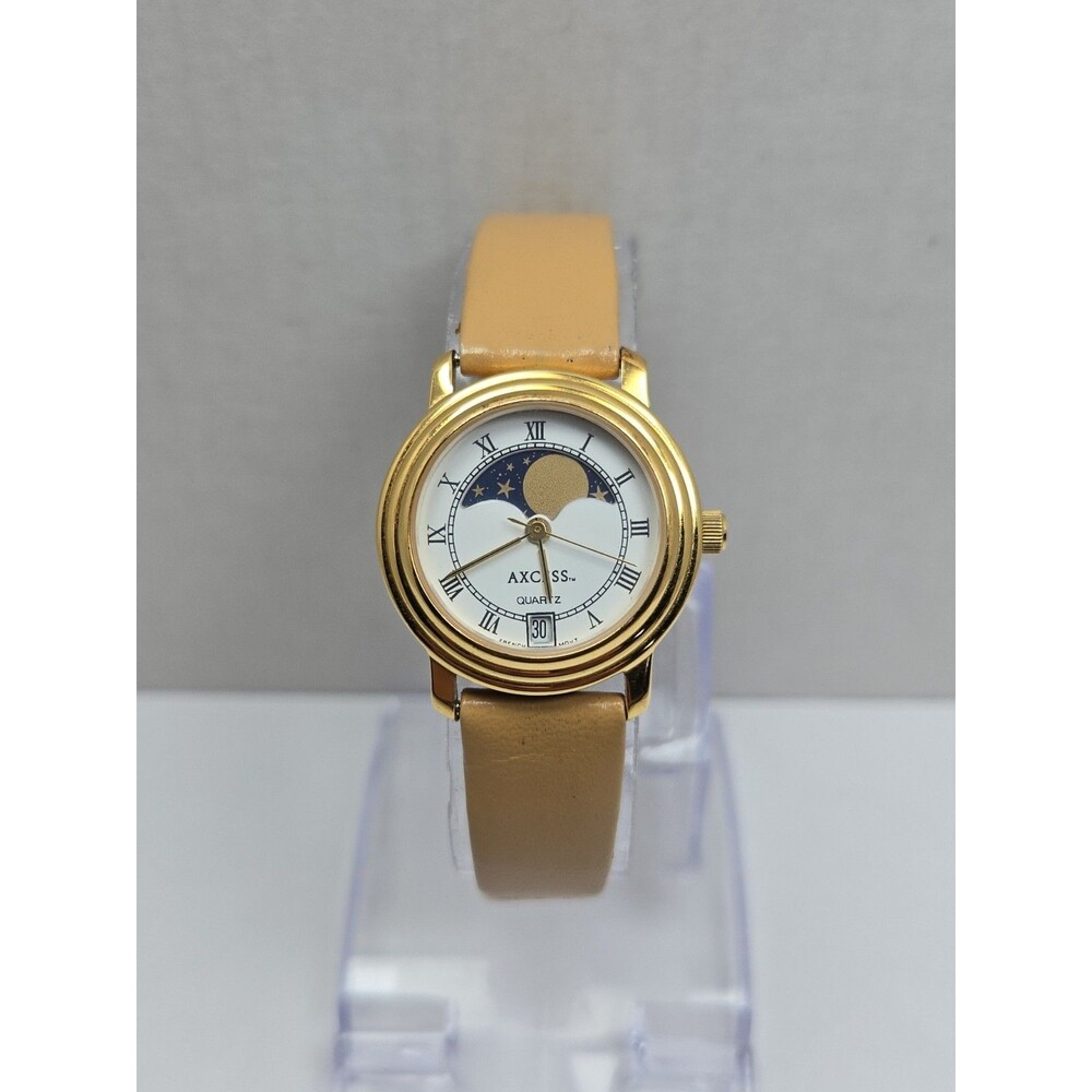 Vintage Womens Axcess Moon Phase Date Gold Tone Quartz Watch Dainty New Battery